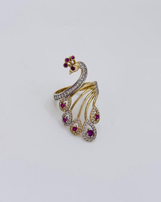 ANILLO DE MUJER PAVO REAL PIEDRAS ROJAS Y BLANCAS
