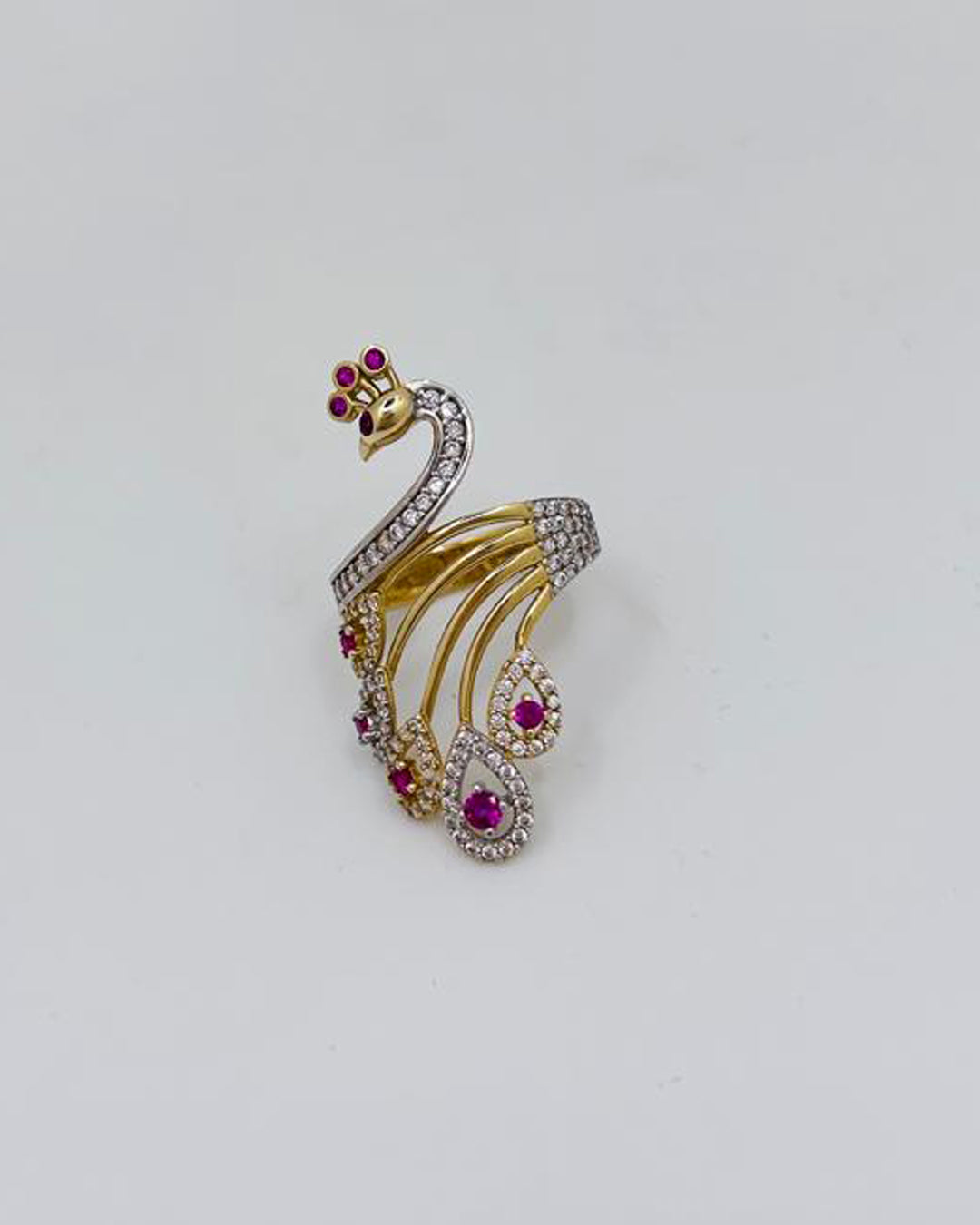 ANILLO DE MUJER PAVO REAL PIEDRAS ROJAS Y BLANCAS